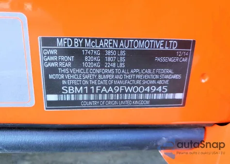 2015 Mclaren Automotive 650S Spider z USA, uszkodzony, nr VIN SBM11FAA9FW004945